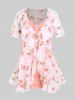 Floral Tie Blouse and Cami Top Set and High Waist 3D Print Capri Skinny Leggings Plus Size Summer Outfit -  
