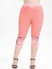 Floral Tie Blouse and Cami Top Set and High Waist 3D Print Capri Skinny Leggings Plus Size Summer Outfit -  