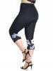 Plus Size High Waist Floral Print Skinny Capri Leggings -  