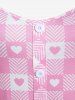 Plus Size Heart Print Colorblock Tunic Tank Top with Buttons -  