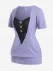 Plus Size Colorblock Moon Sun Printed Blouson Tee with Buttons -  
