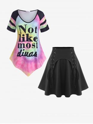 Tie Dye Asymmetric Graphic Tee and Lace Up Mini A Line Skirt Plus Size Summer Outfit