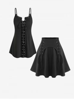 Gothic Lace Up Cami Top and Mini Skirt Plus Size Summer Outfit - BLACK
