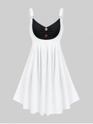 Plus Size Two Tone A Line Sleeveless Dress with Buttons - WHITE - 1X | US 14-16