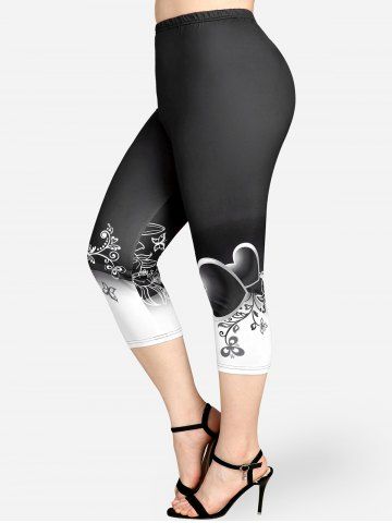 Plus Size High Waist Floral Heart Print Capri Skinny Leggings - BLACK - S | US 8