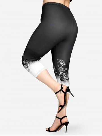 Plus Size High Waist Floral Heart Print Capri Skinny Leggings