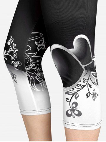 Plus Size High Waist Floral Heart Print Capri Skinny Leggings