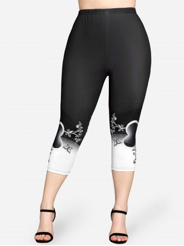 Plus Size High Waist Floral Heart Print Capri Skinny Leggings