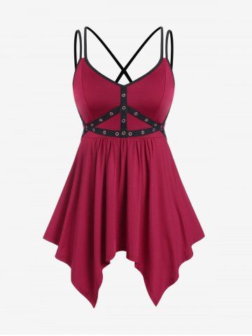 Plus Size Gothic Grommet Backless Strappy Handkerchief Tunic Top - DEEP RED - L | US 12