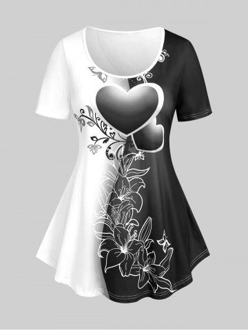 Camiseta con Estampado de Flores en Forma de Corazón de Color Bloque - BLACK - 2X | US 18-20