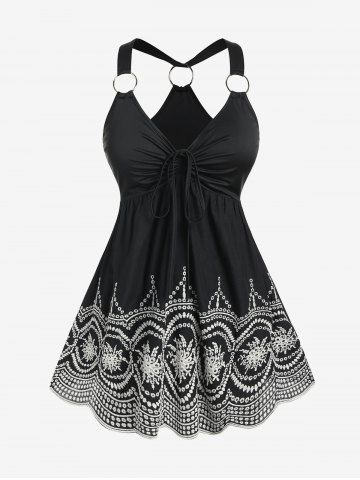 Plus Size Embroidered Ruched O Ring Empire Waist Tank Top