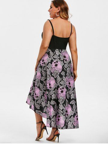 Plus Size Chiffon Skull Floral Printed Grommets High Low Halloween Dress