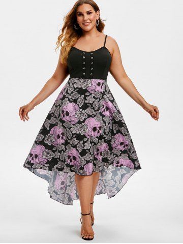 Plus Size Chiffon Skull Floral Printed Grommets High Low Halloween Dress