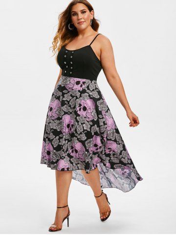 Plus Size Chiffon Skull Floral Printed Grommets High Low Halloween Dress