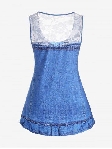 Plus Size Lace Panel 3D Lace Up Denim Print Tank Top