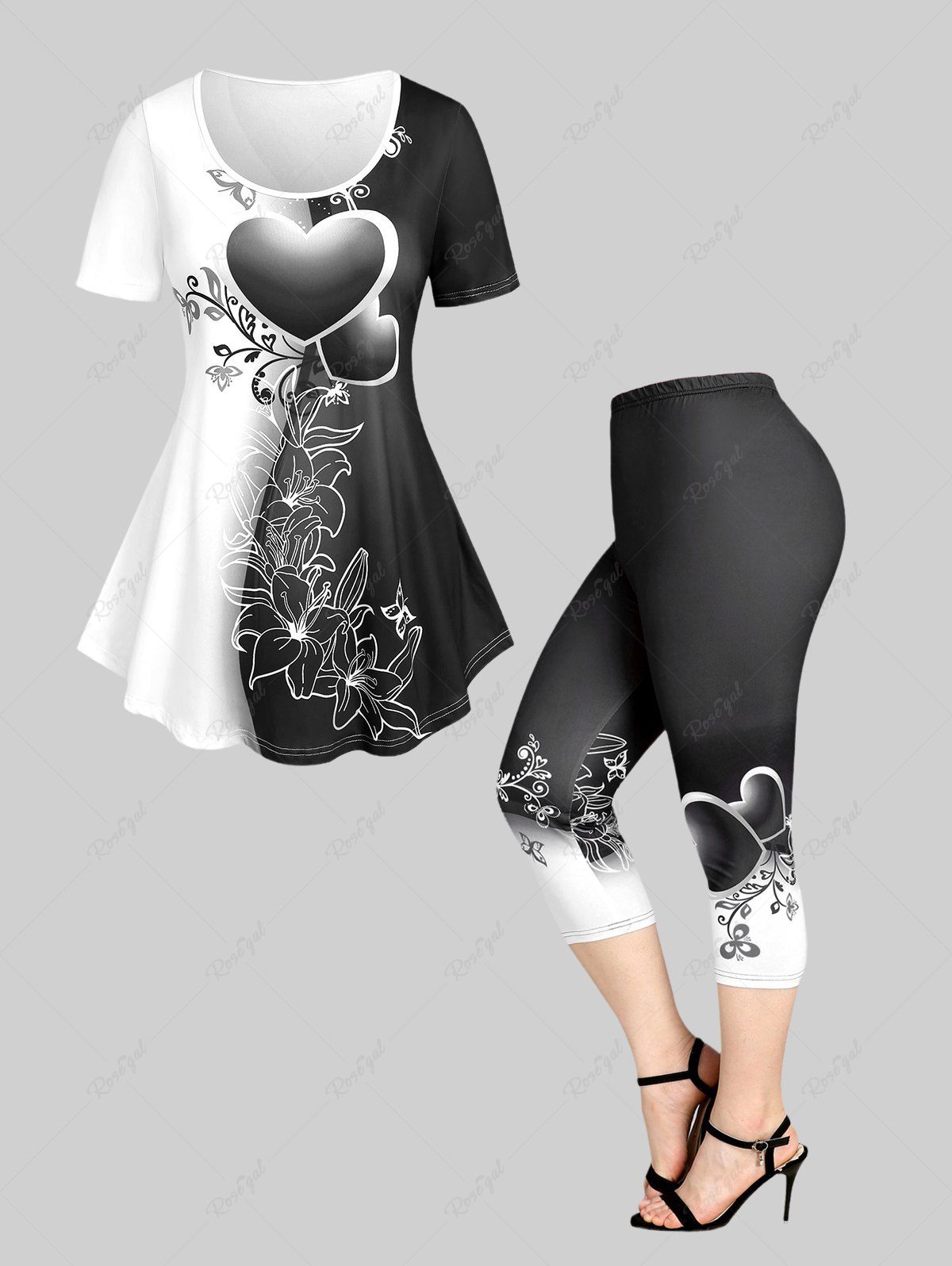Buy Heart Floral Print Colorblock Tee and Capri Leggings Plus Size Summer Outfit  