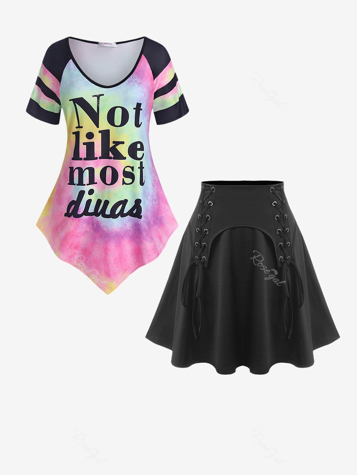 Fashion Tie Dye Asymmetric Graphic Tee and Lace Up Mini A Line Skirt Plus Size Summer Outfit  