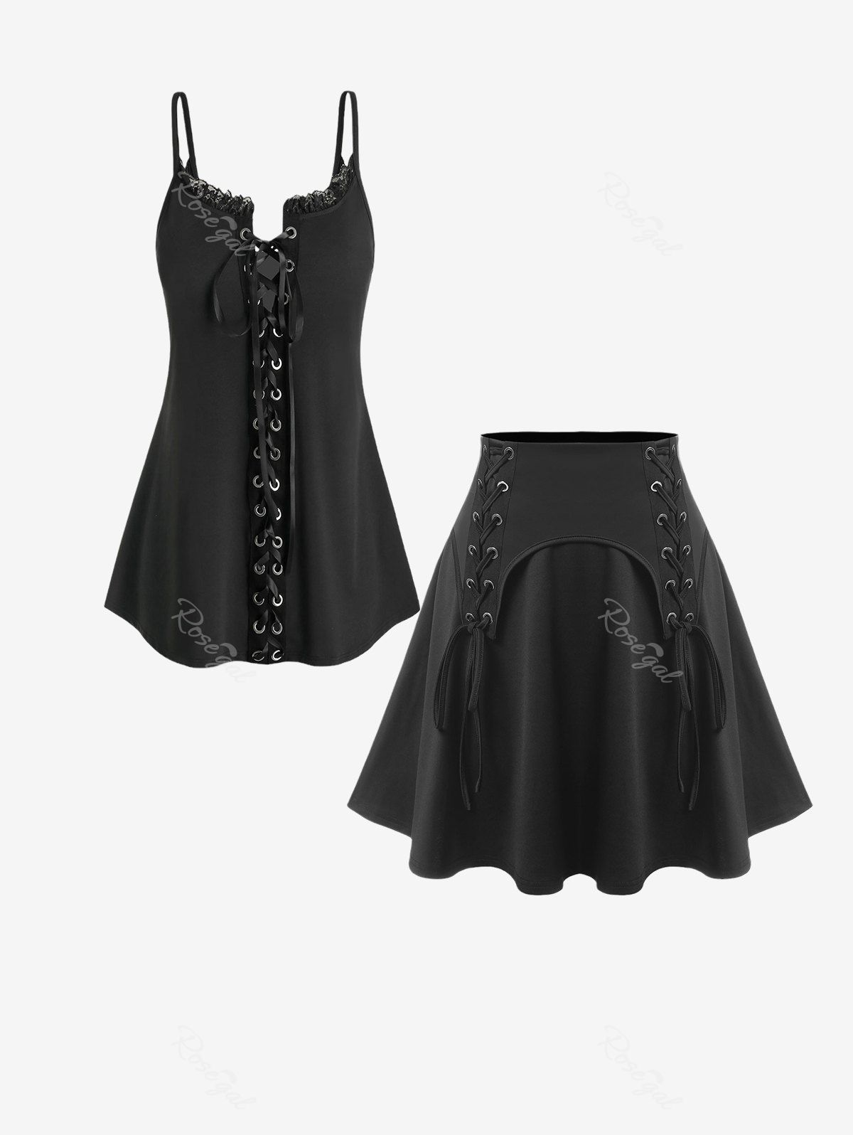 Discount Gothic Lace Up Cami Top and Mini Skirt Plus Size Summer Outfit  