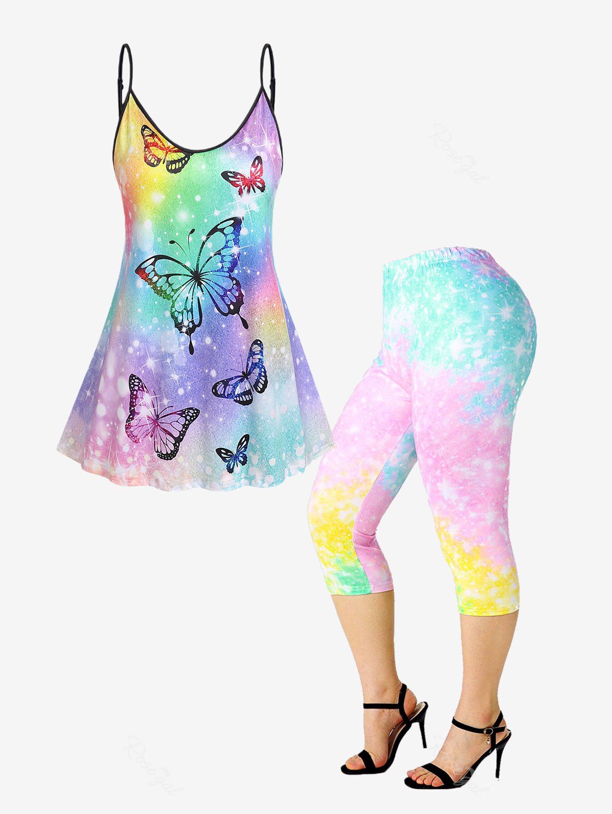 New Ombre Butterfly Print Top and Capri Skinny Leggings Plus Size Summer Outfit  