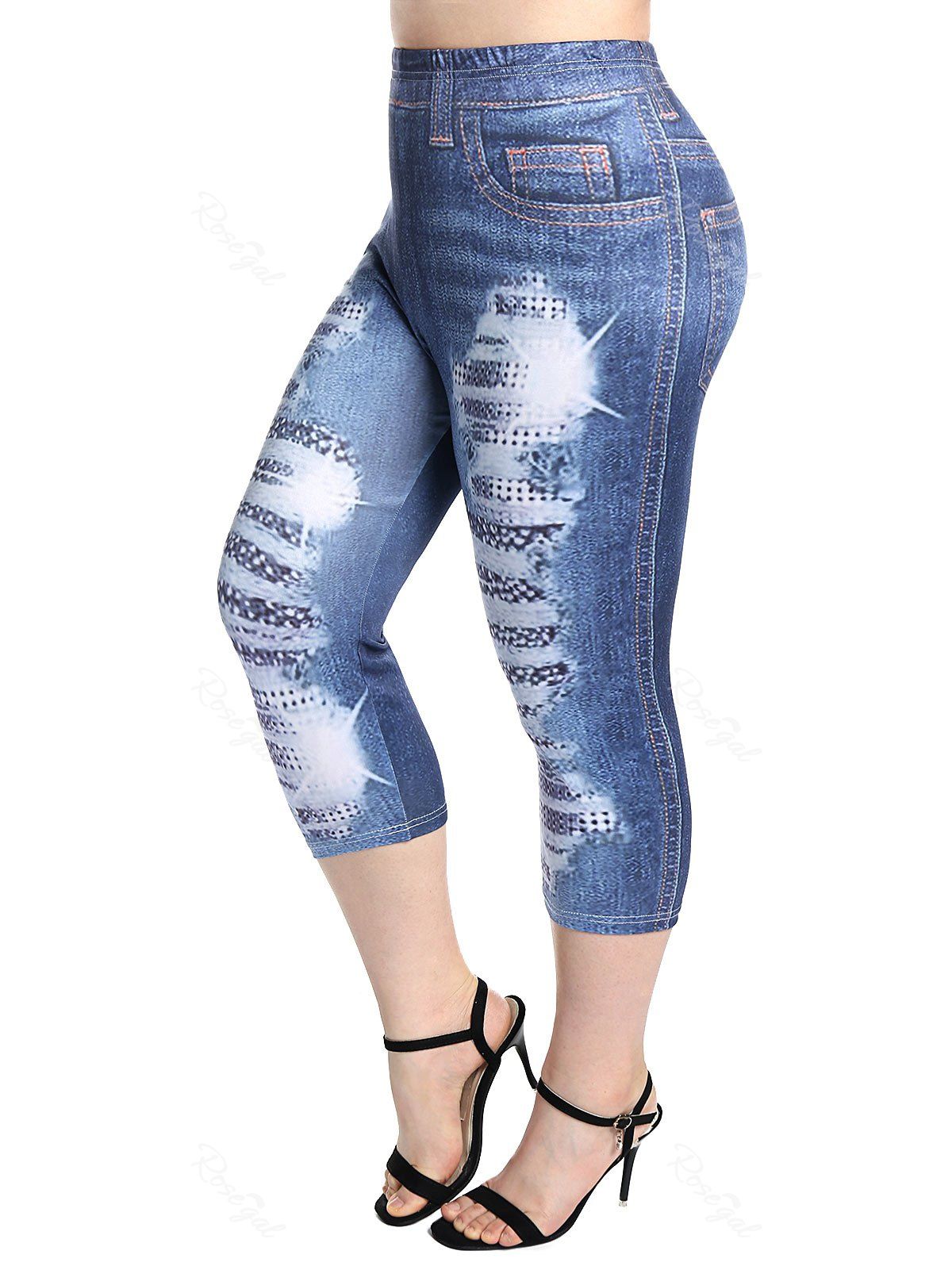 Hot Plus Size High Waist Ripped Jean 3D Print Capri Jeggings  
