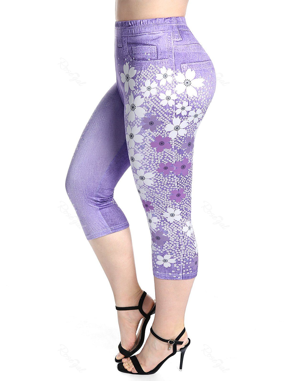 Legging Corsaire à Imprimé 3D Fleur à Taille Haute de Grande Taille Violet clair 3X | US 22-24