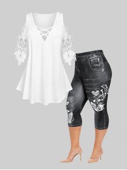Front Criss Cross Lace Sleeve T Shirt and Butterfly 3D Jean Leggings Plus Size Summer Outfit - WHITE