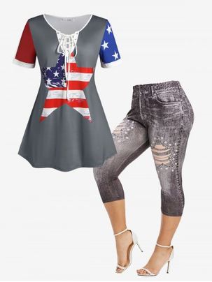 American Flag Patriotic Lace Up Tee and 3D Ripped Jeans Print Leggings Plus Size Summer Outfit