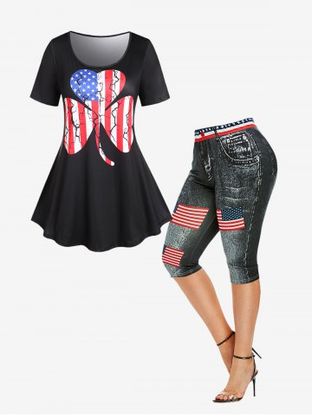 Patriotic American Flag Print Tee and Capri 3D Jeggings Plus Size Summer Outfit