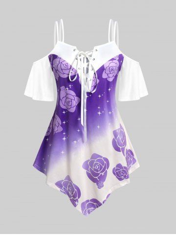 Plus Size Lace Up Cold Shoulder Floral Print Tee - PURPLE - L | US 12