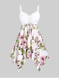 Plus Size & Curve Cottagecore Floral Print Lace Up Handkerchief Midi Dress - WHITE - 3X | US 22-24