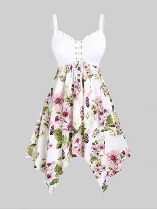 Plus Size & Curve Cottagecore Floral Print Lace Up Handkerchief Midi Dress
