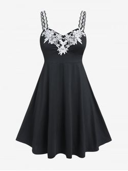 Plus Size Contrast Lace Panel Backless A Line Sleeveless Dress - BLACK - 1X | US 14-16