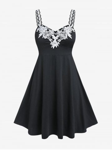 Plus Size Contrast Lace Panel Backless A Line Sleeveless Dress - BLACK - 1X | US 14-16