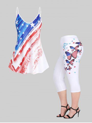 Patriotic American Flag Print Tank Top and American Flag Butterfly Patriotic Capri Leggings Plus Size Summer Outfit - WHITE
