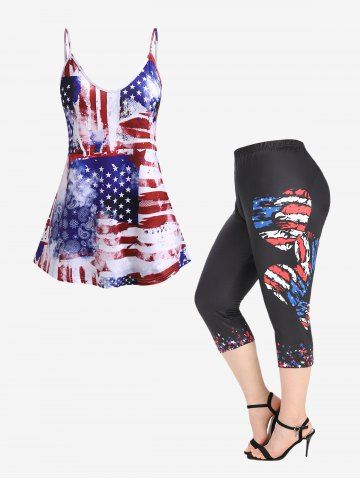 American Flag Paisley Patriotic Tank Top and Hearts and Patriotic American Flag Hearts Print Capri Leggings Plus Size Summer Outfit