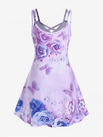 Plus Size 3D Rose Butterfly Printed Criss Cross A Line Sleeveless Dress