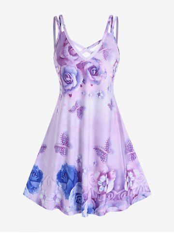 Plus Size 3D Rose Butterfly Printed Criss Cross A Line Sleeveless Dress
