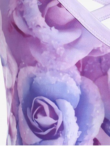 Plus Size 3D Rose Butterfly Printed Criss Cross A Line Sleeveless Dress