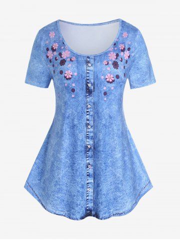 Plus Size 3D Jeans Foral Printed Short Sleeves Tee - BLUE - 2X | US 18-20