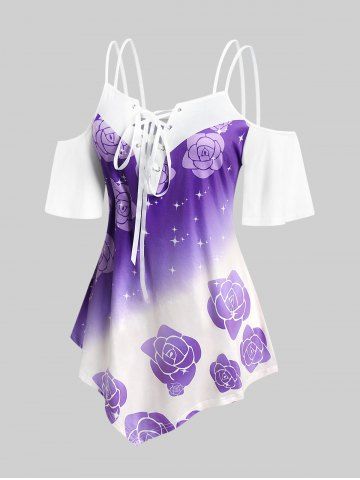 Plus Size Lace Up Cold Shoulder Floral Print Tee