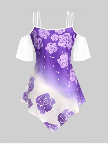 Plus Size Lace Up Cold Shoulder Floral Print Tee