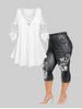 Front Criss Cross Lace Sleeve T Shirt and Butterfly 3D Jean Leggings Plus Size Summer Outfit -  