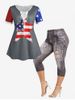 American Flag Patriotic Lace Up Tee and 3D Ripped Jeans Print Leggings Plus Size Summer Outfit -  