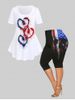 American Flag Skull Heart Print Patriotic Tee and Capri Leggings Plus Size Summer Outfit -  