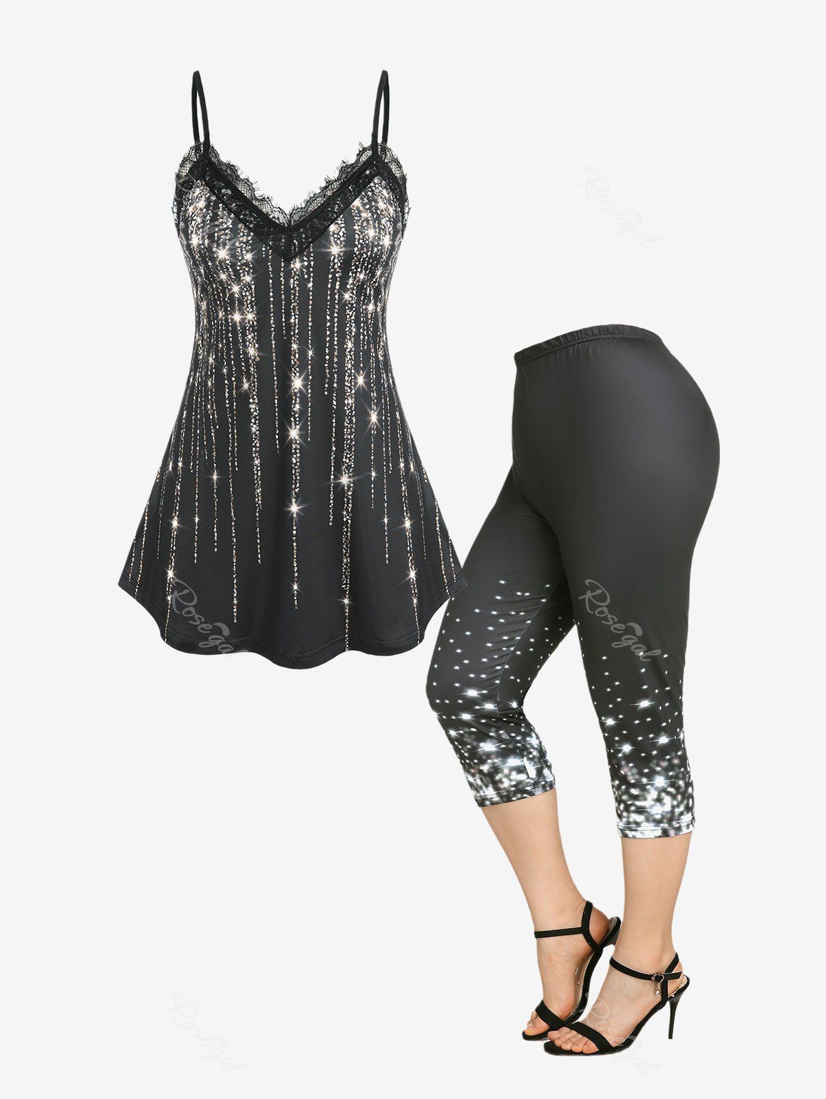 Online Eyelash Lace Sparkling Rhinestone Print Tank Top and Starlight Print Capri Leggings Plus Size Summer Outfit  