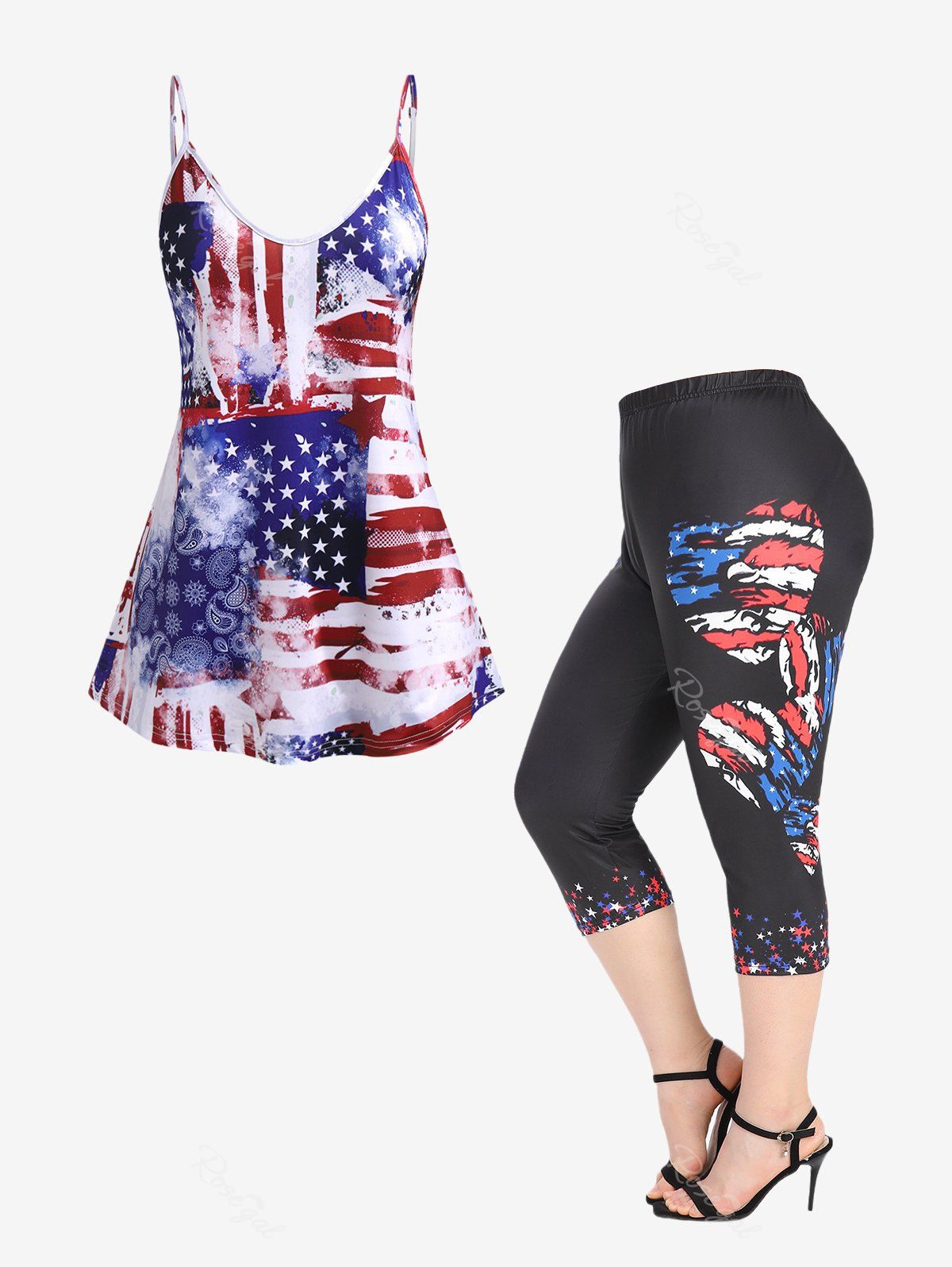 Best American Flag Paisley Patriotic Tank Top and Hearts and Patriotic American Flag Hearts Print Capri Leggings Plus Size Summer Outfit  