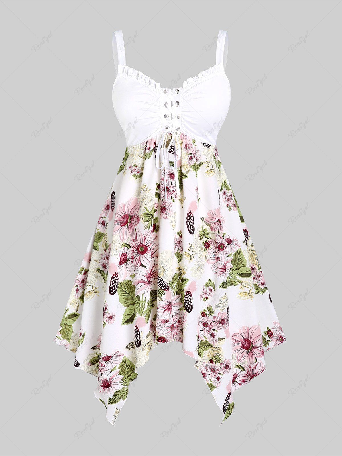 Outfits Plus Size & Curve Cottagecore Floral Print Lace Up Handkerchief Midi Dress  