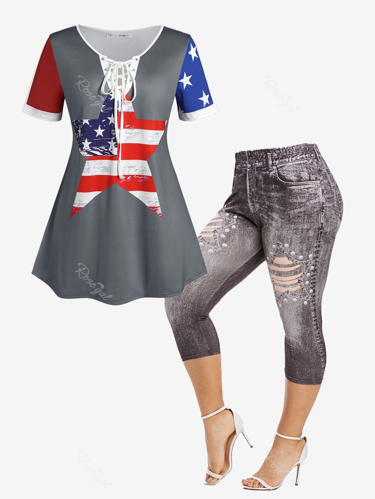 Outfits American Flag Patriotic Lace Up Tee and 3D Ripped Jeans Print Leggings Plus Size Summer Outfit  