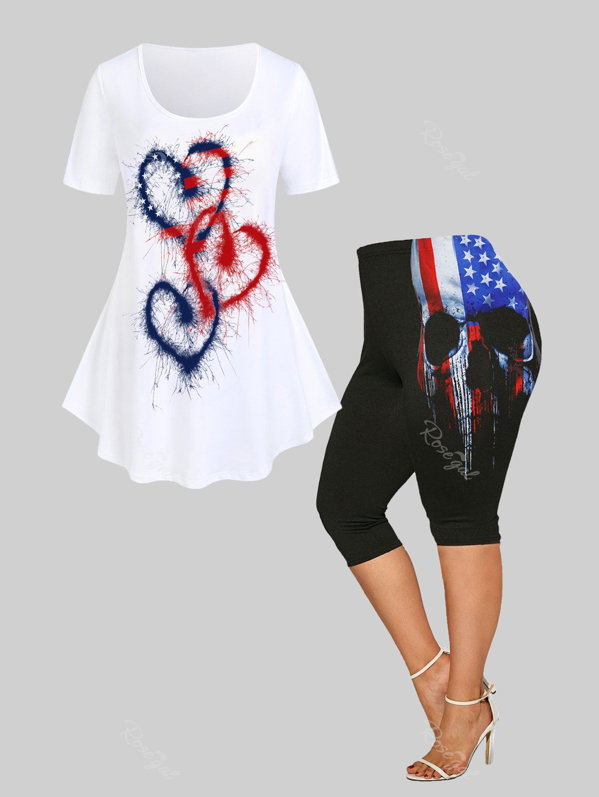 Unique American Flag Skull Heart Print Patriotic Tee and Capri Leggings Plus Size Summer Outfit  