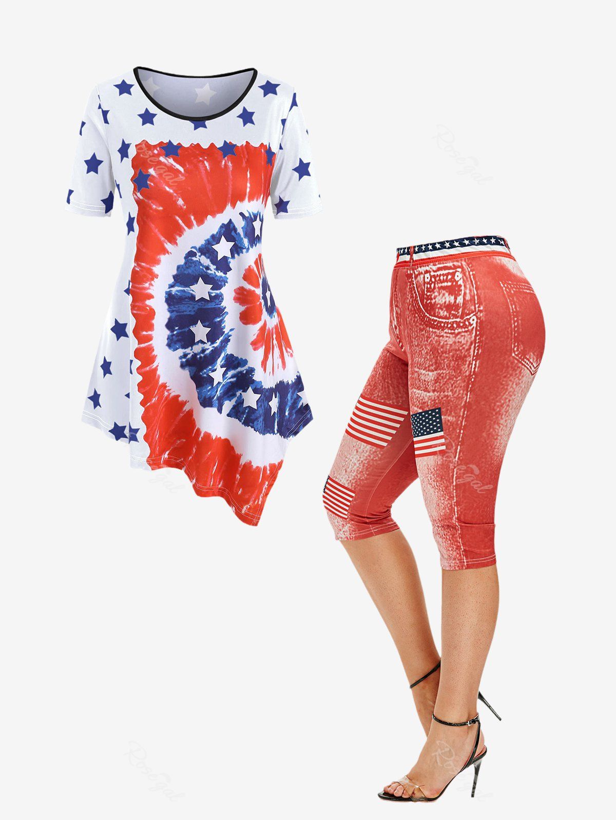 Shop Patriotic American Flag Print Tie Dye Asymmetric Tee and Capri 3D Jeggings Plus Size Summer Outfit  